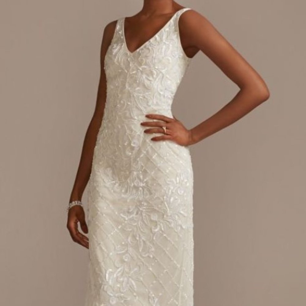 Wedding Dress - beaded sheath v-neck midi dress with low back